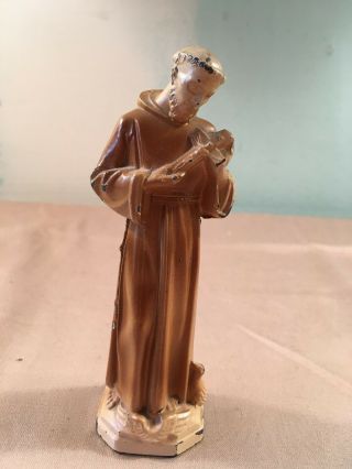 Antique St.  Francis Of Assisi Pot Metal Painted Statue W/ Birds At His Feet Wow