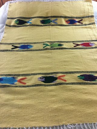 Vintage Hand Woven Yellow Wool W Fish Rug Blanet 45 " X 64 "