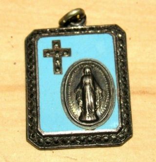Vintage Sterling Silver Marcasite Blue Enamel Religious Holy Medal Pendant