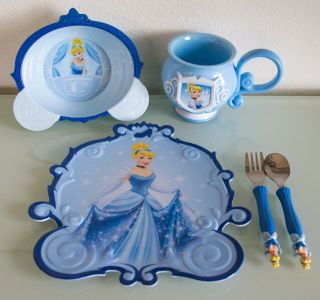 Disney Cinderella Mealtime Magic Plate,  Bowl,  Cup And Flatware 5 Piece Set - Euc