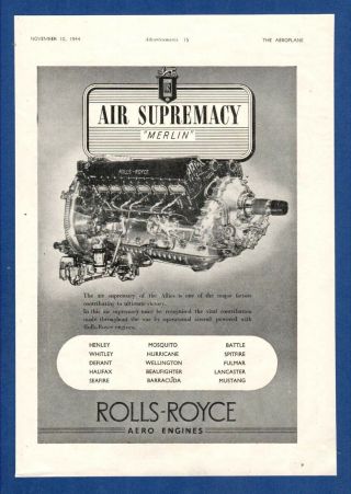The Rolls Royce " Merlin " Areo Engine - Aie Supremacy (1944 Advertisement)