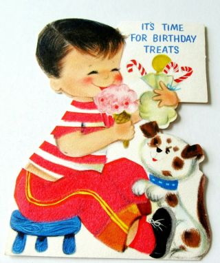 Vintage Greeting Card Flocked Cute Boy W Ice Cream Cone Puppy Candy Canes