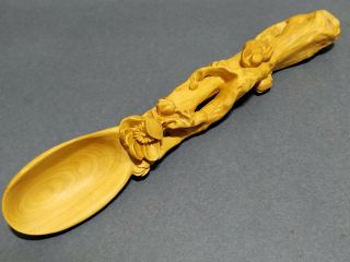 D098 - 16 Cm Long Carved Boxwood Carving Tea Scoop Spoon: Flower