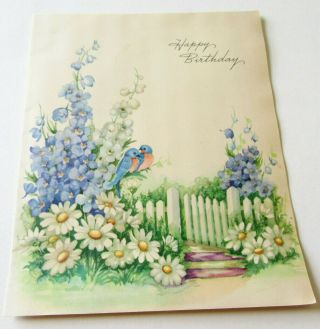 Vtg Greeting Card Cute Blue Birds On Flowers By Fence And Gate