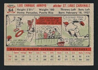 Luis Arroyo - 1956 Topps Baseball Card 64 - St.  Louis Cardinals Pitcher 2