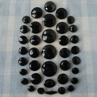 Set Of 37 Vintage And Antique Faceted Black Glass Buttons,  23 W Metal Shanks