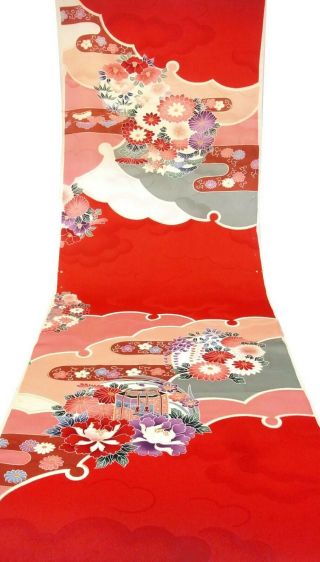 Japanese Kimono Fabric 44 " _silk,  Red,  Gold,  Takarabako,  Yuzen,  N883 - B1