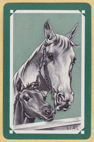 1 Single Vintage Swap/playing Card Horse Heads Mare & Foal Artist Lial Green