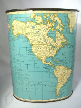 Vintage Rand Mcnally Map Of The World Globe Metal Wastebasket By Weibro