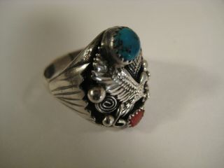 Vintage Turquoise Red Coral,  Sterling Silver,  Eagle,  Men`s Ring,  Navajo