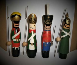 Russian Soldier Dolls Painted Uniforms Wooden Bodies Metal Weapons Vintage Toys