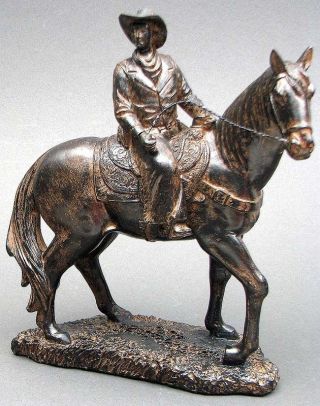 Cowboy On Horse Figurine Statue Bronze Look Resin 8.  5 " W X 9.  5 " H Western Decor