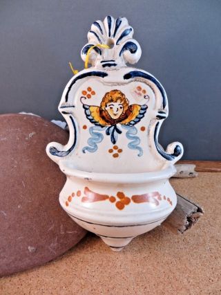 Antique Vintage Holy Water Font Ceramic Wall Pocket Hand Painted Angel 7 "
