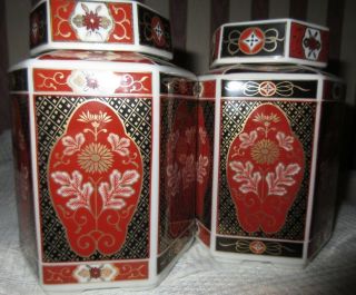 HEXAGON SHAPED BLACK & RED GINGER JARS WITH LIDS 2