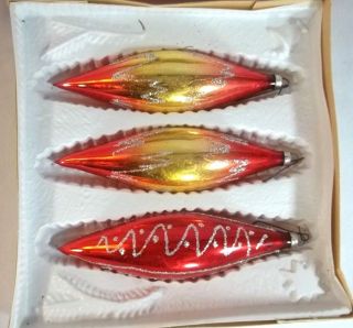 Vintage Teardrop Oblong Glass Christmas Ornaments West Germany Red Yellow