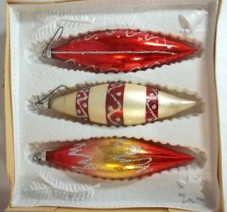 Vintage Teardrop Oblong Glass Christmas Ornaments West Germany Red Yellow White
