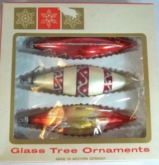 Vintage Teardrop Oblong Glass Christmas Ornaments West Germany Red Yellow White 2