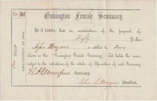 1852 Covington Female Seminary Tennessee Stock Certificate For 2 Shares