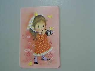 1 Single Swap/playing Card - Cute Little Girl With Binoculars (blank Back)