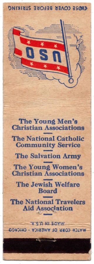 PATRIOTIC WWII U.  S.  O.  - Y.  M.  C.  A. ,  THE SALVATION ARMY 20 FS MATCHBOOK COVER 2