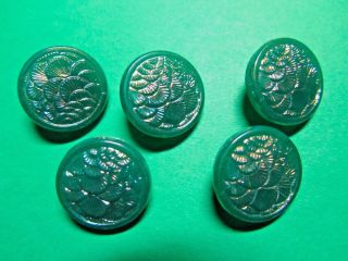 (5) 3/4 " Vintage Czech Decorative Iridescent Blue Green Glass Shank Buttons (f708)