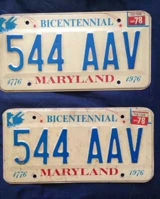 Maryland Bicentennial License Plate Set 1978 Stickers Vintage Collectible