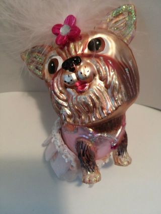 Yorkshire Terrier Yorkie Pink Outfit Feather Rhinestone Glitter Glass Ornament