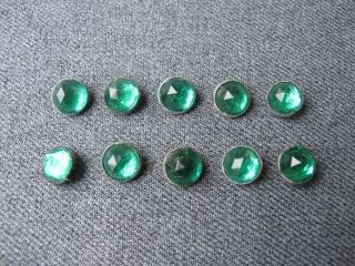 10 Vintage Faceted Green Mirrored Glass Silvered Metal Small Buttons.
