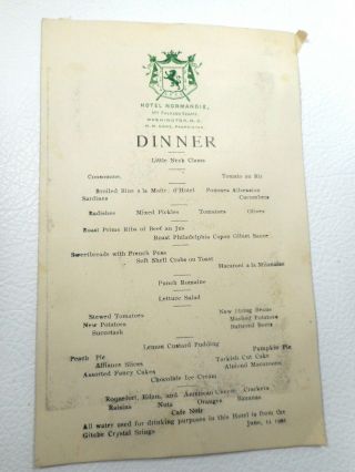 1901 Hotel Normandie Dinner Menu Washington D.  C.  Lion Crest H.  M.  Cake