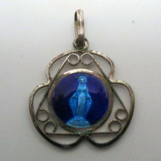 Vintage Virgin Mary Sterling Silver Enamel Miraculous Medal Charm Pendant Blue