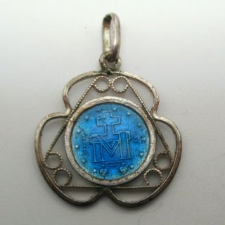 Vintage VIRGIN MARY Sterling Silver ENAMEL Miraculous Medal CHARM Pendant BLUE 2