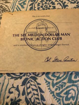 The Six Million Dollar Man Bionic Action Club Certificate And Membership Card