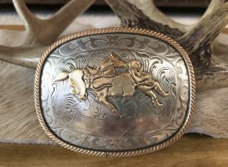 Vintage Steer Wrestling Belt Buckle - German Silver - Floral Engraving