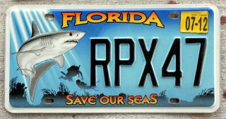 2012 Florida " Save Our Seas " License Plate With Great White Shark & Scuba Divers