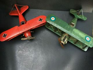 Two Wwi Tin Model Bi - Planes British And Red Baron German Iron Crosses Aviation