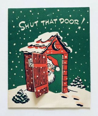 Vintage Christmas Card Die Cut Santa Outhouse Snow Star Door Moon Cute Humor Mcm