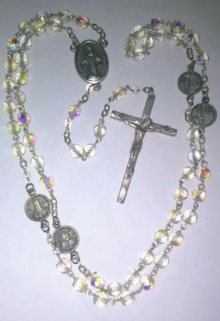 Iridescent Crystal Rosary Catholic Prayer Beads Blessed Virgin Mary Apparitions