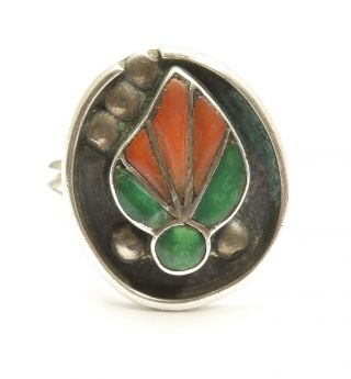 Vintage Zuni Sterling Silver Small Turquoise Red Coral Inlay Floral Leaf Ring