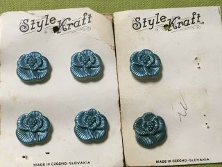 6 Antique Glass Buttons On Card Style Kraft Blue Flowers 3/4 " Czech
