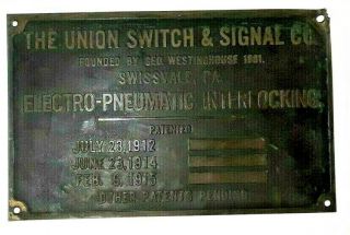 Vintage Union Switch & Signal Railroad Signal Patent Date Plate