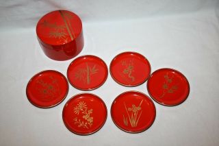 Red Gold Lacquer Bamboo Asian Design Japan Coasters Set Of 6