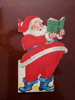 Vtg Whitman Christmas Greeting Card Diecut Santa Claus Reading Book Flocked 50s