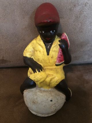 Rare Cast Iron Black Americana Watermelon Boy On The Pot Vintage Penny Coin Bank