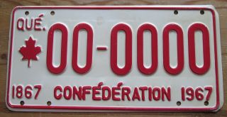 Quebec 1967 Confederation Sample License Plate 00 - 0000