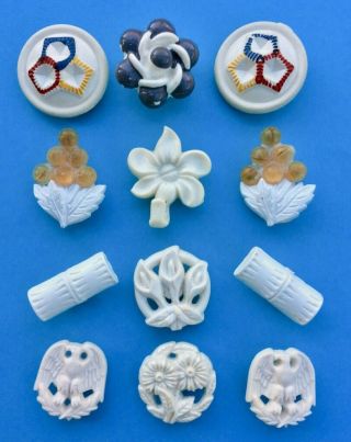 12 Vintage Shabby Chic Unusual White Plastic Buttons,  18mm To 26mm