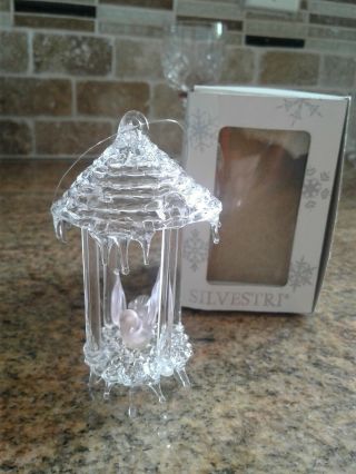 Vintage Silvestri Spun Crystal Ornament Pink Bird In A Cage W/ Box