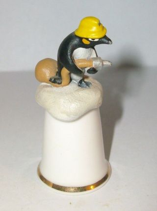 A Bone China Thimble With A Cute Pewter - - Fireman Penguin - - On Top