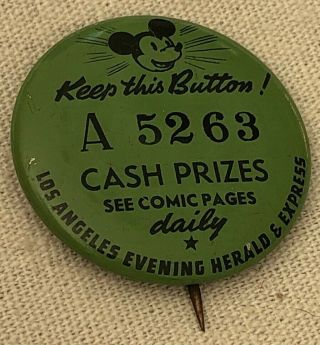 Mickey Mouse Comic Strip Pinback Newspaper Litho Ad Contest Button 1930 La