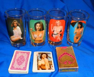 4 Vintage Pin Up Girl Drinking Glasses And A Pack Of Risque Pin Up Girl Cards