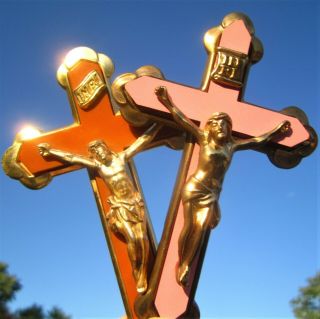 Vintage Crucifix Religious Christian Cross Pair Brass Pink Butterscotch Bakelite